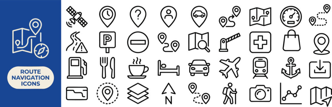 location navigation outline vector icon set. featuring map pin, restaurant, hotel, car, and route symbols. editable stroke icons for travel guide app and local directory map.