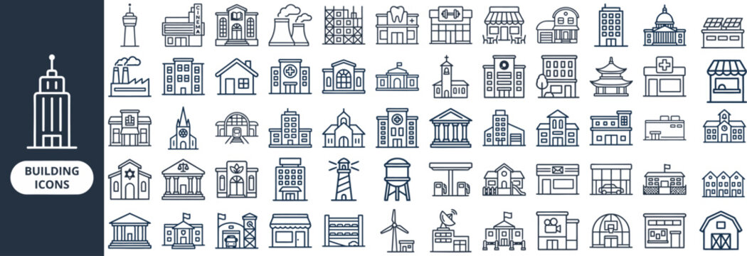building architecture outline vector icon set. featuring house, skyscraper, factory, hotel, and city symbols. editable stroke icons for real estate app and urban planning catalog.