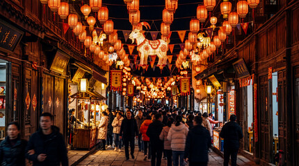 Naklejka premium Vibrant Nighttime Scene of Bustling Traditional Chinese Street Decorated with Glowing Red Lanterns and Goat Figurines During Lunar New Year Celebration Festival