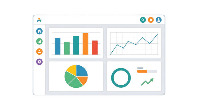 Minimalist business data analytics dashboard user interface with colorful charts and graphs for financial reports