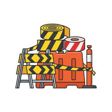 Flat vector illustration of road work warning signs, safety barriers, caution tape, and traffic cones for construction sites and detours