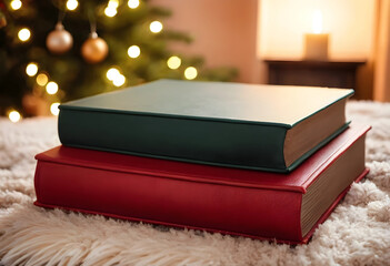 Fototapeta premium Two hardcover books stacked on cozy surface with Christmas lights