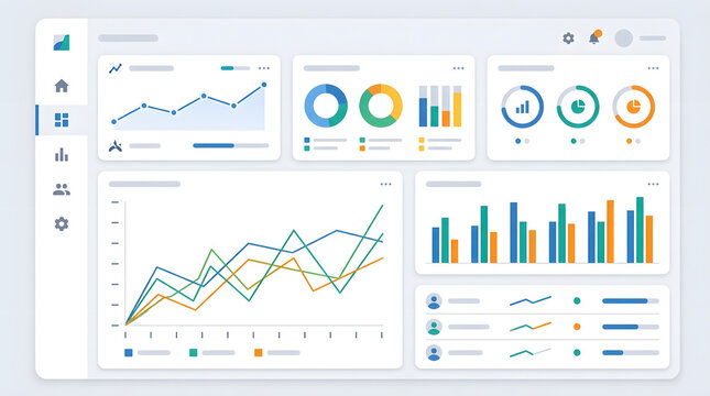 Minimalist business analytics dashboard interface with data visualization charts and graphs for corporate management software