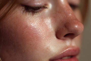 Naklejka premium Close-up profile of a young woman's glowing dewy skin with freckles under soft natural light