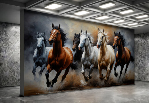 Large horse mural mockup on modern interior gallery wall