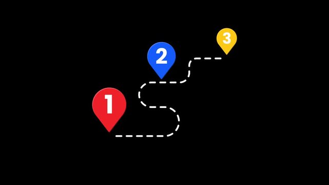 Animated route with numbered location pins on transparent background for GPS navigation travel progress and waypoint tracking alpha channel