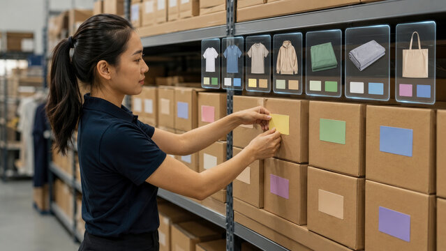 Professional warehouse employee organizing inventory boxes with digital holographic product interface overlays representing clothing and retail supply chain management technology.