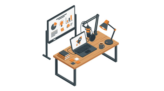 Podcast studio desk with laptop, microphone, screen, and desk lamp, isometric view.