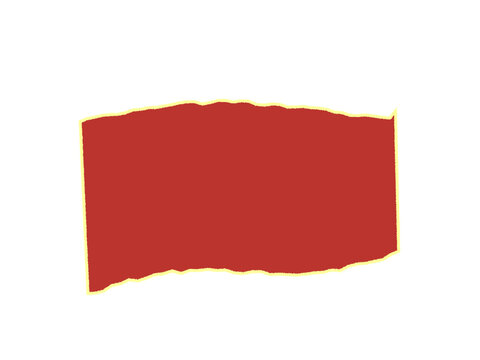 A rectangular piece of red paper with a torn edge and thin yellow border