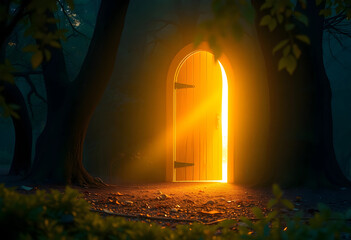 Obraz premium Glowing magical door in dark forest at night