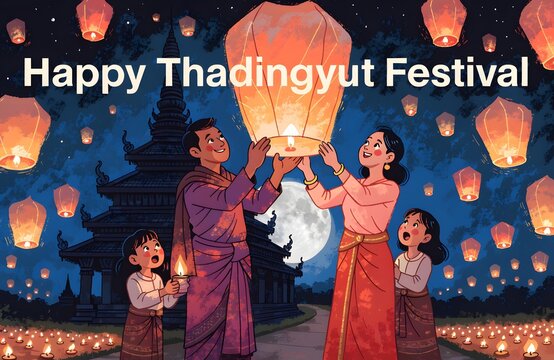Happy Thadingyut Festival Family Illustration with Sky Lanterns