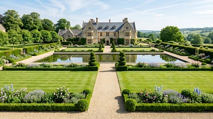 Obraz premium Grand English Estate with Formal Lawn and Reflection Pool