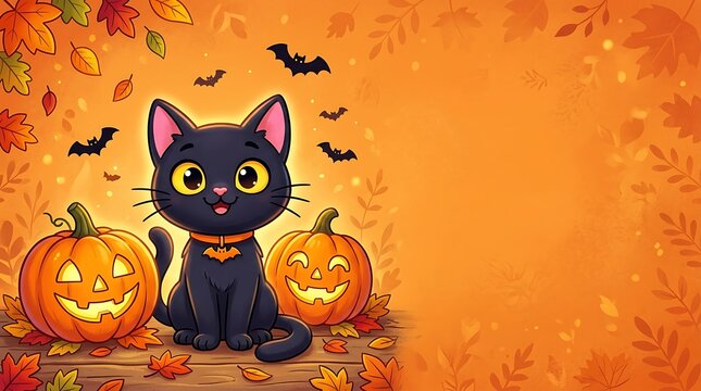 Halloween black cat with jack o lanterns and bats