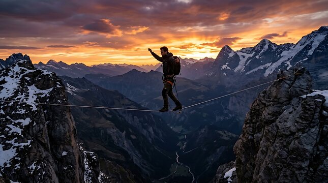 Man walking on a highline with a breathtaking mountain range and sunset on white background