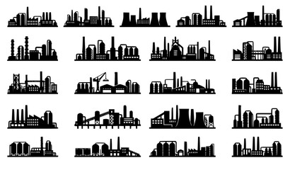 Obraz premium Industrial Factory Skyline Silhouette Pattern Set Editable Vector Collection