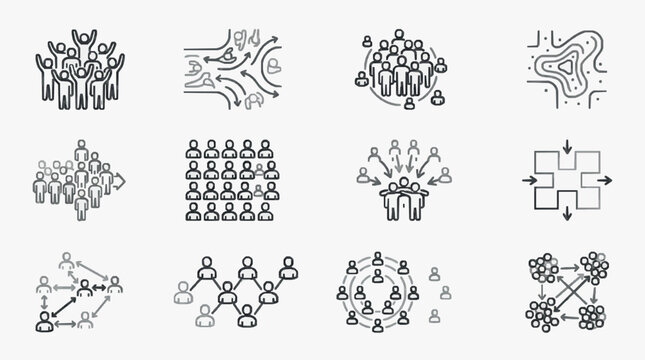 Elegant Monochrome Illustrations of Diverse Networking and Organizational Structures with Human Figures