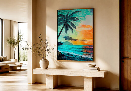 Modern Framed Tropical Beach Art Mockup on Minimalist Living Room Wall