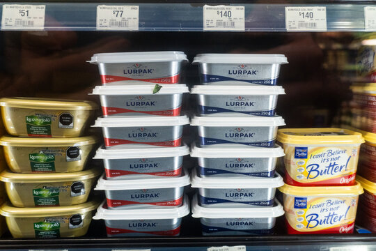 Villa de Alvarez, Colima. Mexico. June 24, 2026: Supermarket Dairy Shelf With Lurpak and Kerrygold Butter and Margarine Spreads