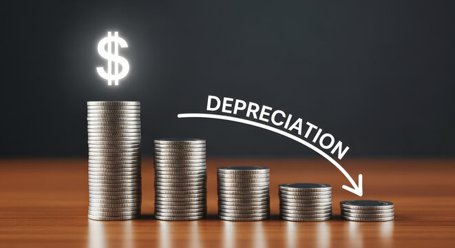 A visual representation of financial depreciation, showing stacks of coins decreasing in height with a downward arrow indicating loss of value.