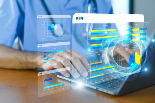 Doctor using AI-powered health data dashboard to monitor patient analytics, medical statistics, and clinical decision support in real time.