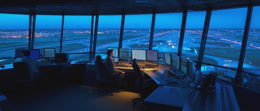 Control tower overseeing airport operations at night.