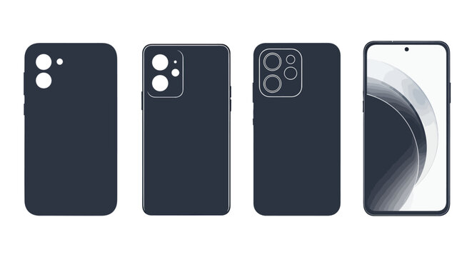Set of sleek dark smartphone cases with camera cutouts and a front view device display.