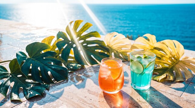 Tropical drinks and foliage arranged on a wet surface for summer vacation mood