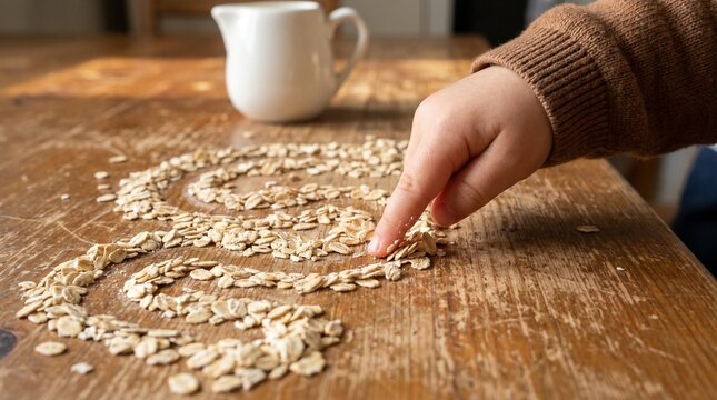 Child hand tracing patterns in spilled oats on wooden table.