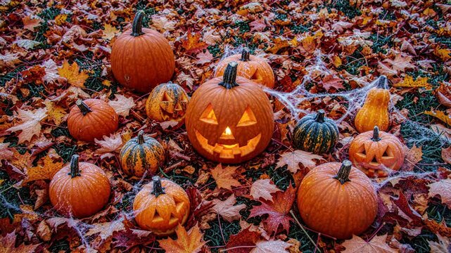 Festive Halloween Pumpkin Display with Jack-o-Lanterns and Autumn Leaves.