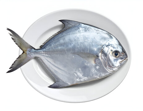 A fresh whole silver pomfret fish showcasing glistening scales and fins resting on a white ceramic plate