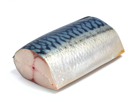 A fresh cross-section slice of saba mackerel fish displaying silver glistening skin on white backdrop