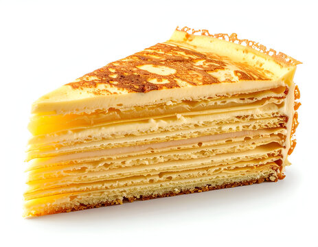 A slice of traditional Indonesian lapis legit thousand layer cake with golden spiced layers on white backdrop