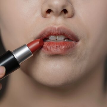 Woman applying red lipstick on her lips close up