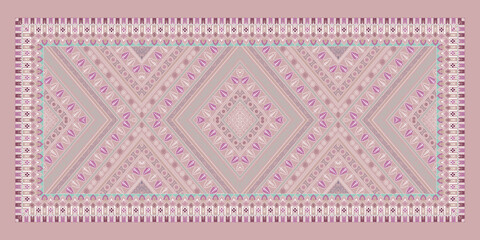 Elegant pastel geometric rectangular dupatta print layout. Traditional ethnic design featuring intricate diamond patterns and tribal motifs in dusty pink and mauve for dress material. © R Naveen