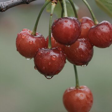 Fresh cherries hanging on tree branch with water drops