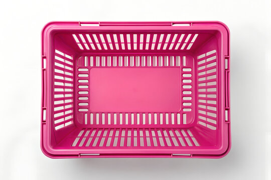 Overhead view of a vibrant Pink plastic shopping basket on png, shopping basket, Pink basket, plastic basket, store basket, supermarket, shopping container, retail, grocery, market, container