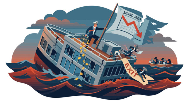 Sinking Ship Business Crisis Illustration: Captain with Exit Sign, Financial Decline