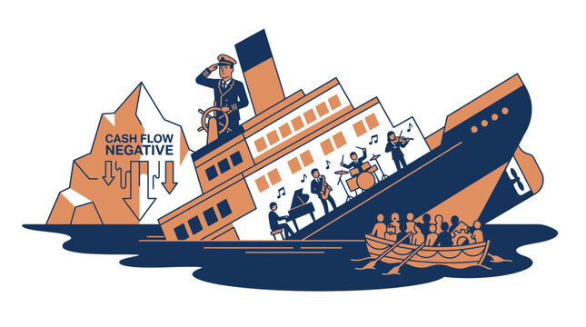 Sinking Business Ship with Musicians and Lifeboat, Cash Flow Negative Iceberg