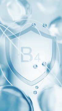 Choline Vitamin B4 blue shield symbol in 3D animation. Brain health and phospholipid molecular structure background with transparent liquid cells for scientific video