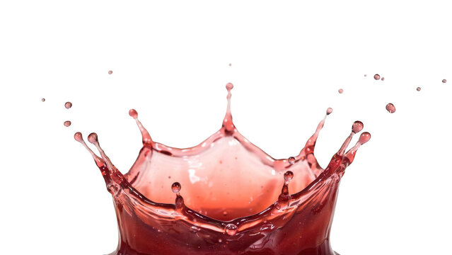 A crown shaped splash of red liquid or fruit juice captured in mid-air with tiny droplets flying outwards isolated on a solid black background