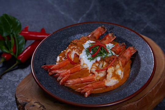 Thai curry, prawn panang. Curry menu with coconut milk. 