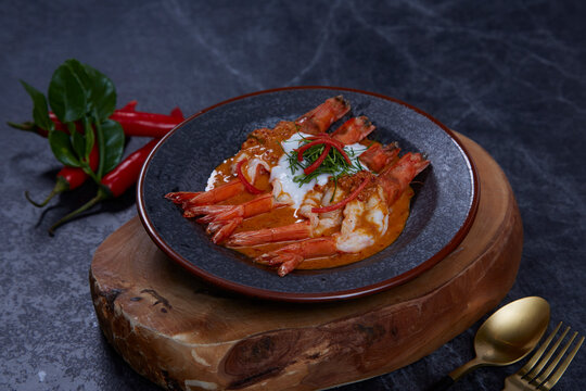 Thai curry, prawn panang. Curry menu with coconut milk. 