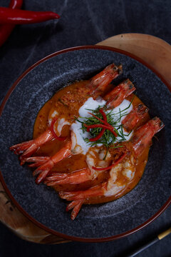 Thai curry, prawn panang. Curry menu with coconut milk. 