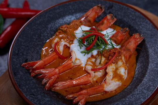 Thai curry, prawn panang. Curry menu with coconut milk. 