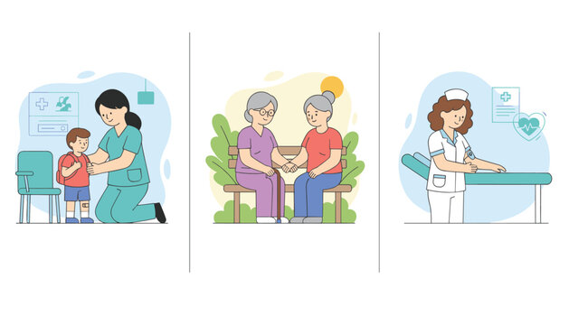 Healthcare and nursing services showing school nurse assisting a child talkative elderly women and medical checkup.