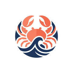 Circular orange crab and blue wave logo. © yuhad
