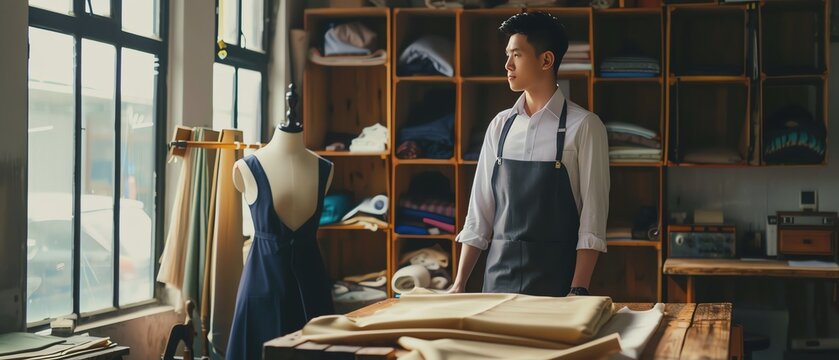 Tailor focused on fabric in workshop setting.
