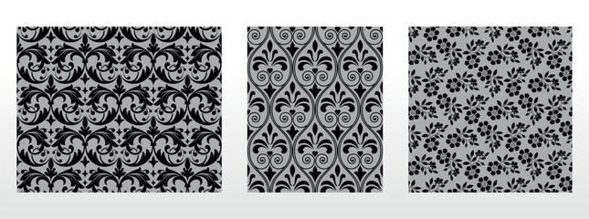 Naklejka premium Geometric floral set of seamless patterns. Gray and black vector backgrounds. Damask graphic ornaments