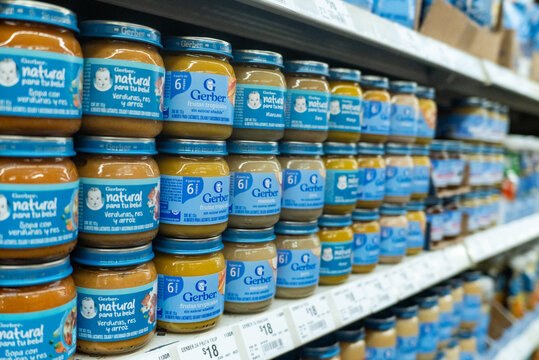 Villa de Alvarez, Colima. Mexico. June 24, 2026: Gerber infant food jars of different flavors on supermarket shelf