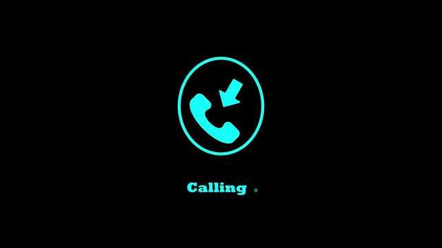 Cyan incoming call icon animation on black background with calling text moving in loop motion